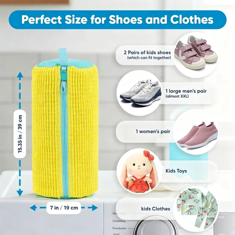 Yellow cylindrical storage bag for shoes and clothes with a zipper and various items shown nearby.