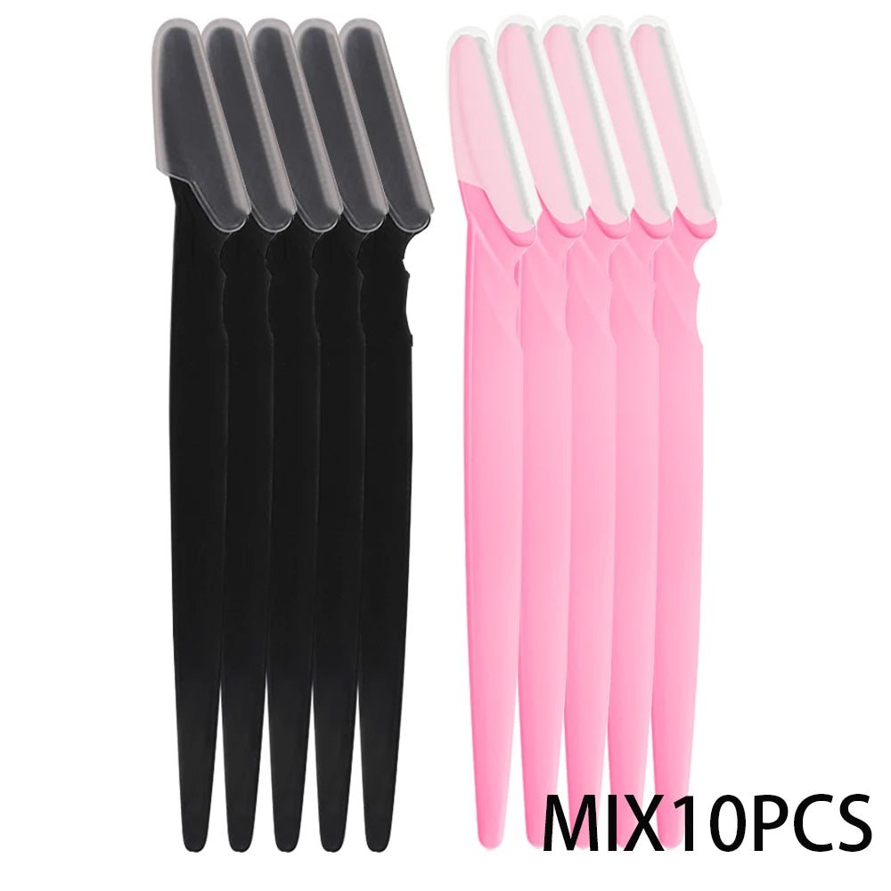 A set of ten multi-purpose eyebrow razors, featuring black and pink handles.