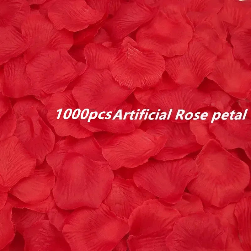 A close-up of 1000 pieces of artificial red rose petals.