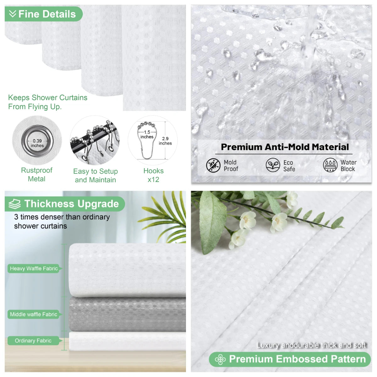 Close-up view of a white waffle weave shower curtain and gray fabric, highlighting its thickness and anti-mold features.