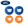 Four reusable lint and hair remover balls in blue and orange colors.