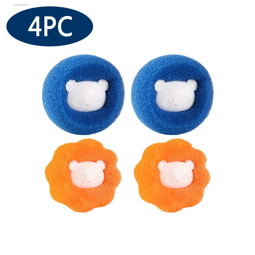 Four reusable lint and hair remover balls in blue and orange colors.