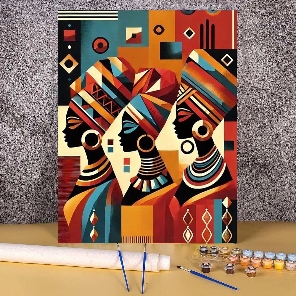 A vibrant painting featuring three stylized women in colorful headwraps and traditional patterns on a canvas.