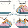 A set of multi-pack plastic clothes hangers demonstrating various ways to save closet space.