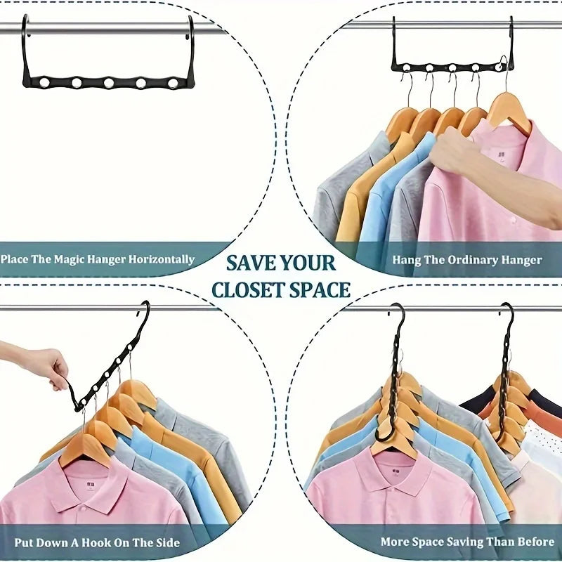 A set of multi-pack plastic clothes hangers demonstrating various ways to save closet space.
