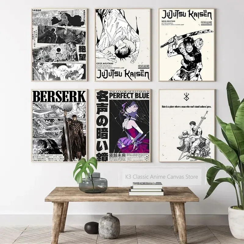 A collection of four black and white anime art posters featuring dynamic characters and dramatic scenes.