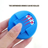 A hand is pressing a blue plastic beverage can seal onto an unfinished drink, demonstrating the sealing function.
