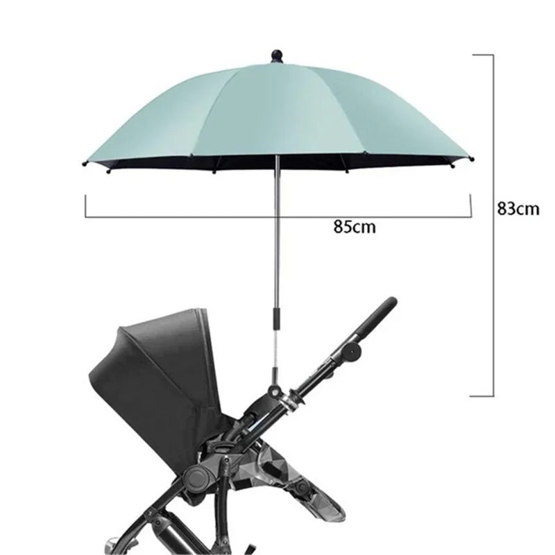 Paraguas para cochecito de protección UV color verde azulado con toldo negro y soporte plateado.
