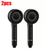 A pair of black high pressure shower heads with a self-cleaning feature and one-key stop mechanism.