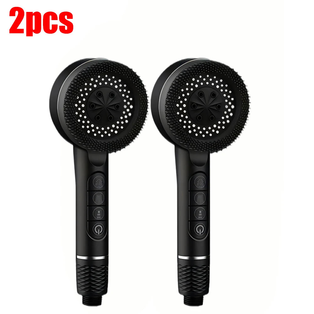 A pair of black high pressure shower heads with a self-cleaning feature and one-key stop mechanism.