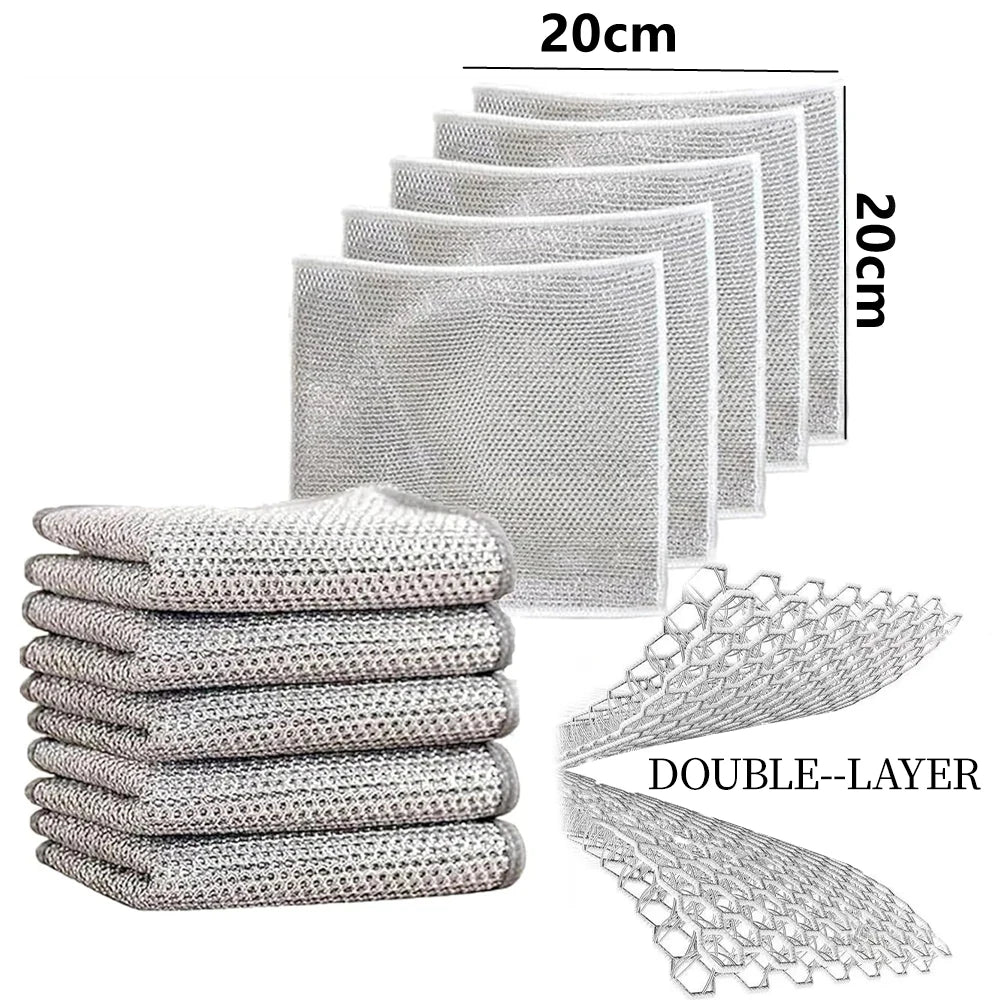 A set of silver microfiber cleaning pads and dishcloths stacked in various sizes.