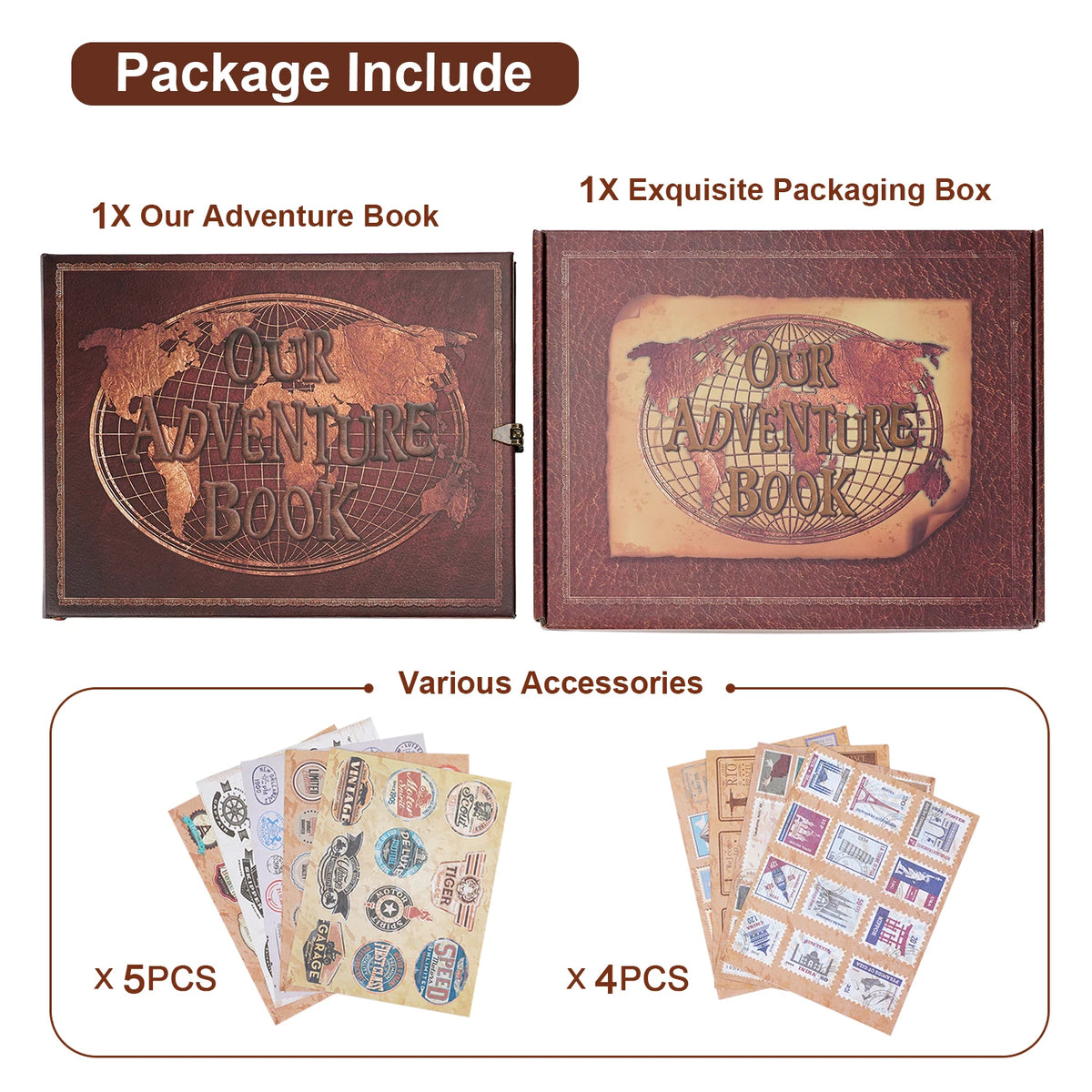 Package includes an adventure book, an exquisite packaging box, and various accessories like photo stickers.