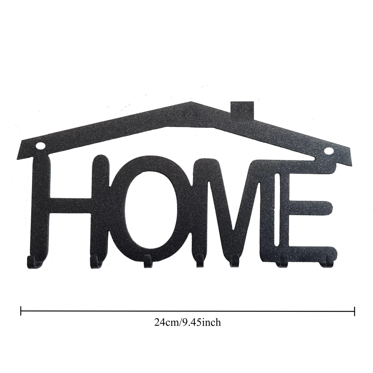 Black rustic metal wall hook key holder shaped like the word HOME
