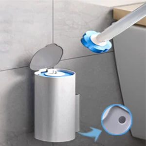 A disposable toilet brush and holder set is shown with a brush being inserted into a cylindrical holder.