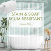 Clear stain and soap scum resistant premium PEVA shower curtain liner hanging on a rod
