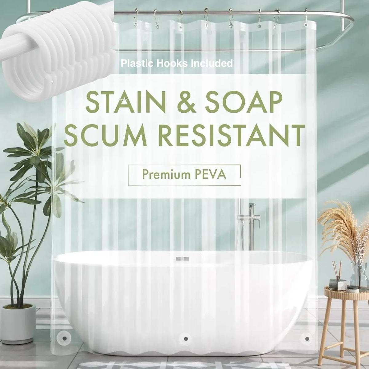 Clear stain and soap scum resistant premium PEVA shower curtain liner hanging on a rod