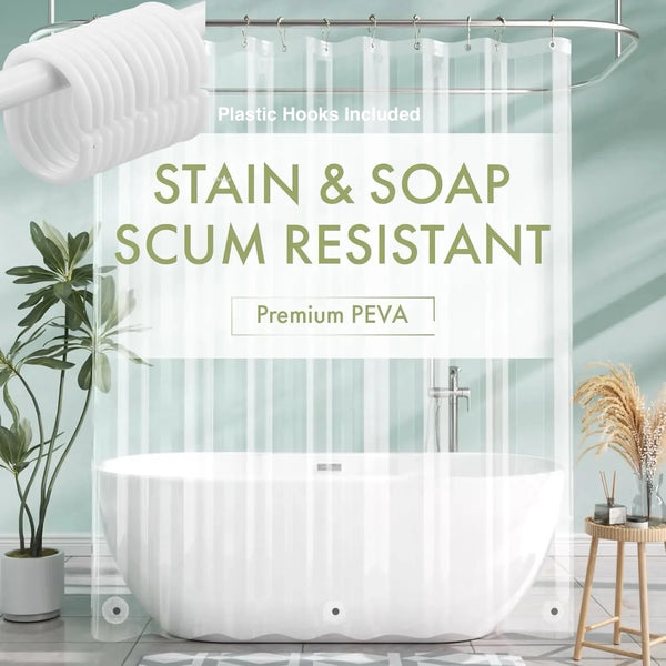 Clear stain and soap scum resistant premium PEVA shower curtain liner hanging on a rod