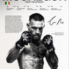 A black and white portrait of Conor McGregor in a fight stance with a beard, wearing UFC gear.