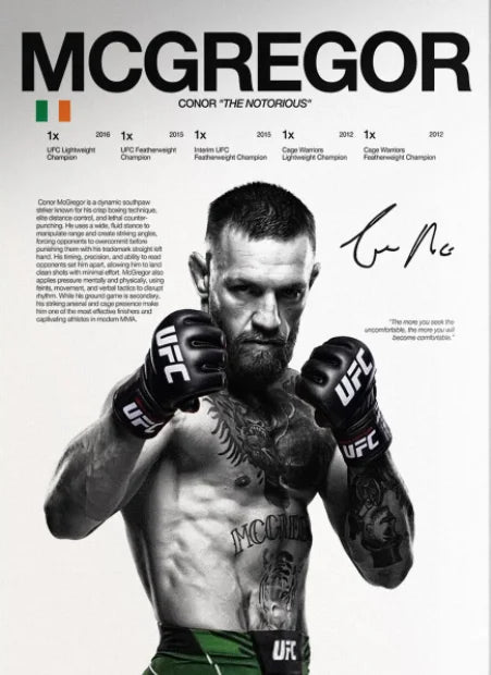 A black and white portrait of Conor McGregor in a fight stance with a beard, wearing UFC gear.