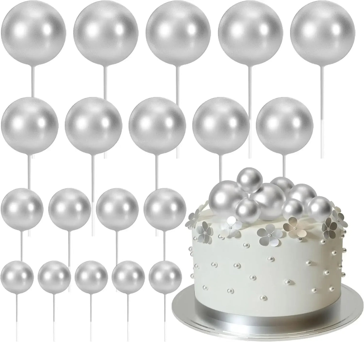 A set of 20 silver ball cake toppers on sticks displayed on a silver plate.