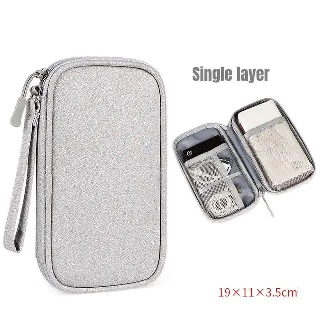 A silver single layer storage pouch with a clear window showing a smartphone inside.