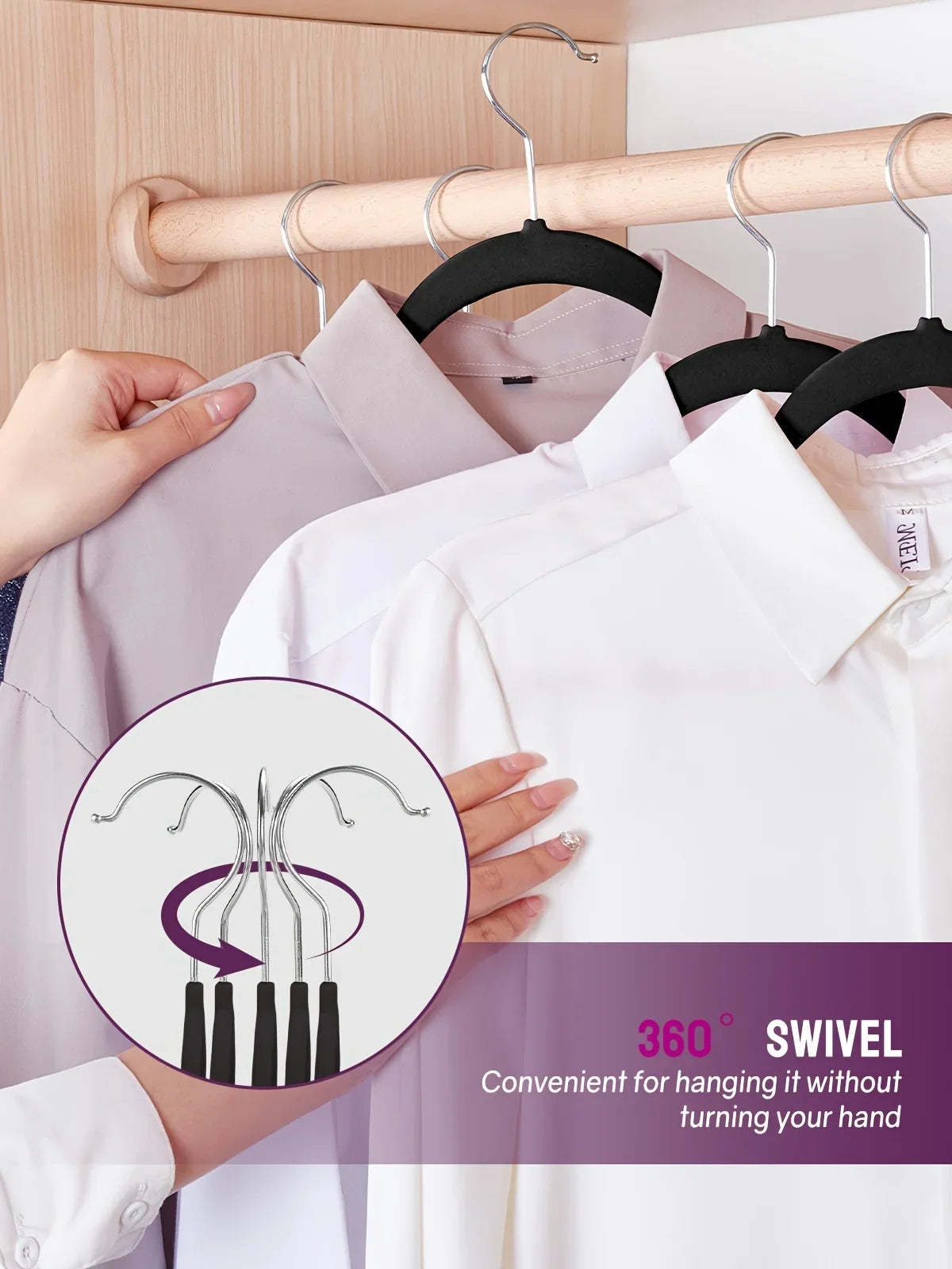 Hands are hanging a light pink shirt on a wooden hanger with non-slip velvet hangers and chrome hooks.