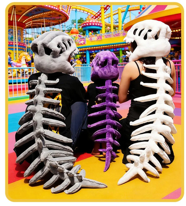 A costume set depicting a realistic dinosaur skeleton, including a skull and rib cage, displayed in a bright, colorful enviro