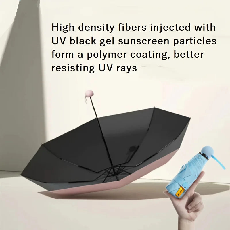 A hand holds a black folding umbrella with a pink base, demonstrating its UV protection features.
