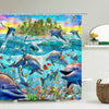 Vibrant tropical scene featuring dolphins and sea turtles under a bright sky.
