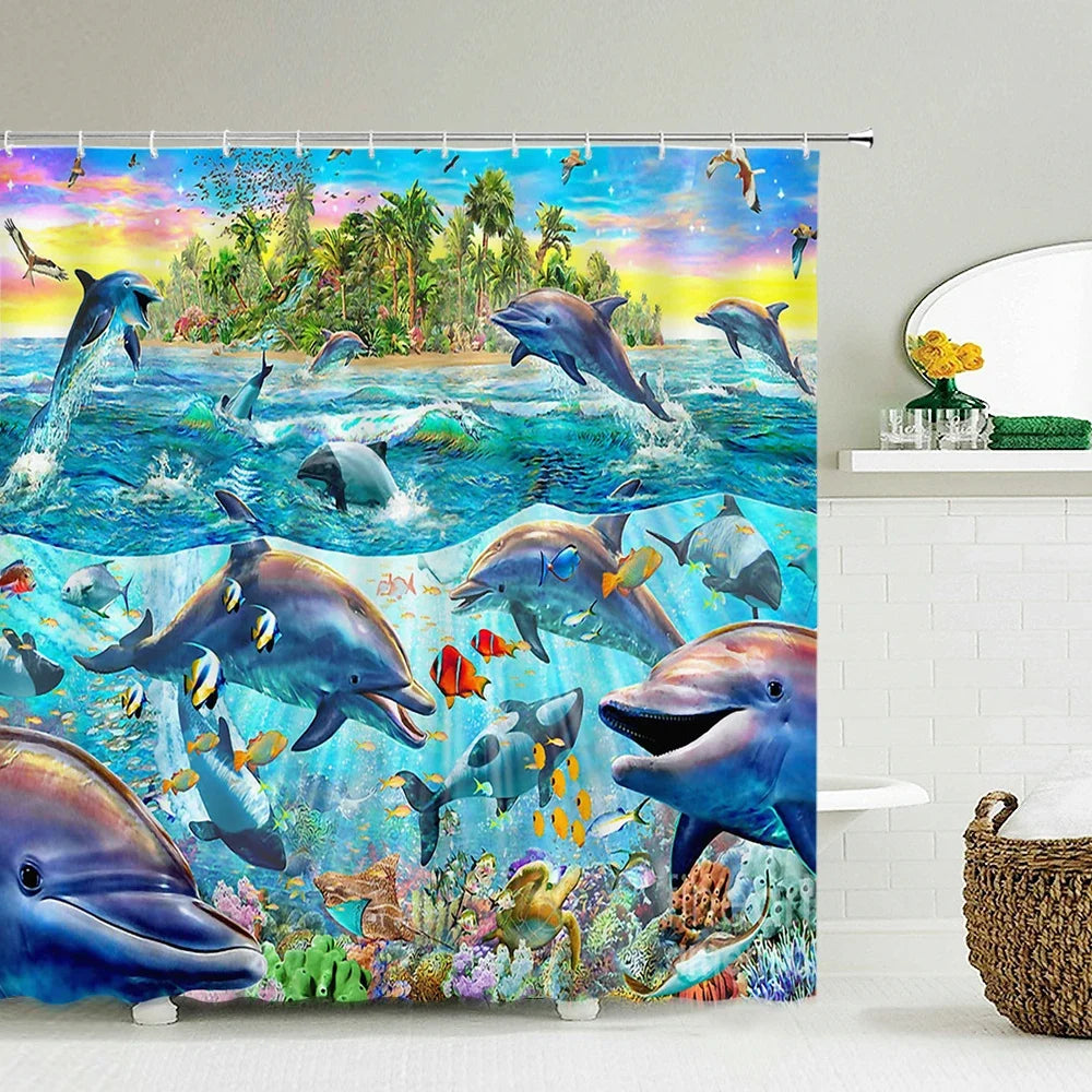 Vibrant tropical scene featuring dolphins and sea turtles under a bright sky.