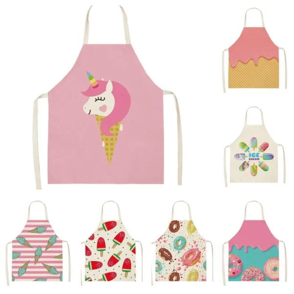A collection of custom printed linen aprons featuring various colorful designs and patterns.