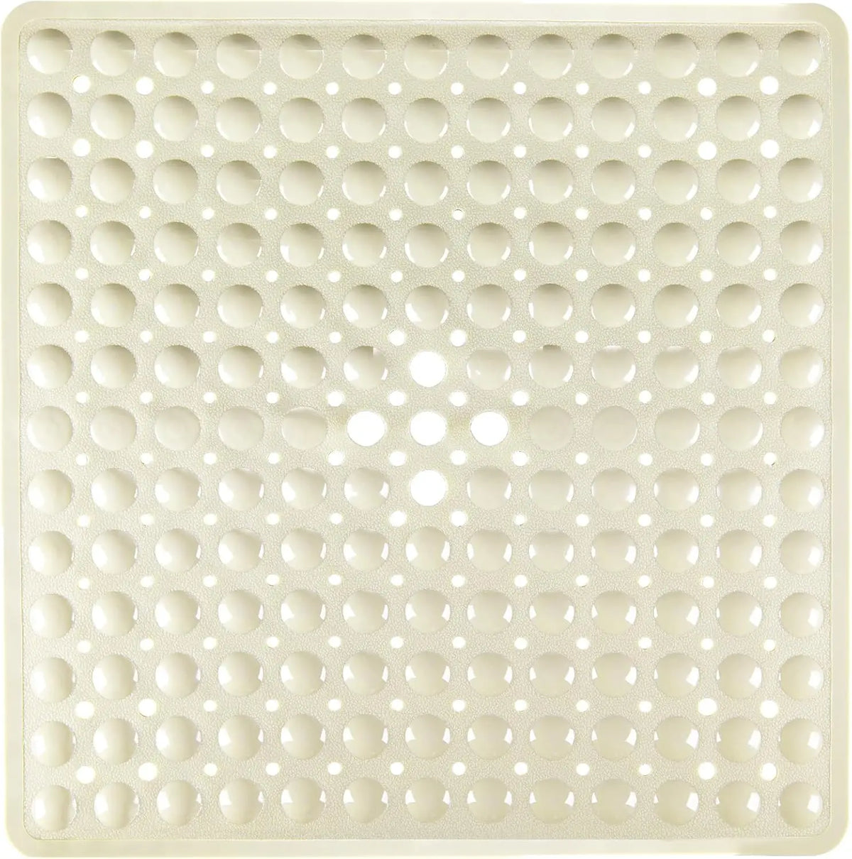 A white non-slip shower mat with numerous circular suction cups for bathroom use.