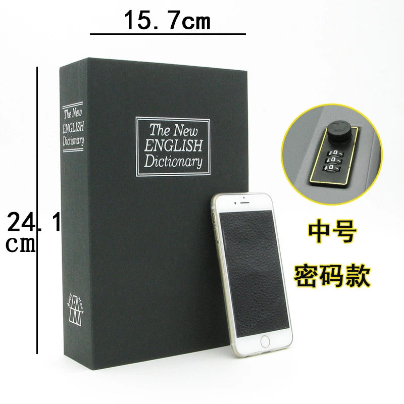 A black storage box for a New English Dictionary with a combination lock and a smartphone.