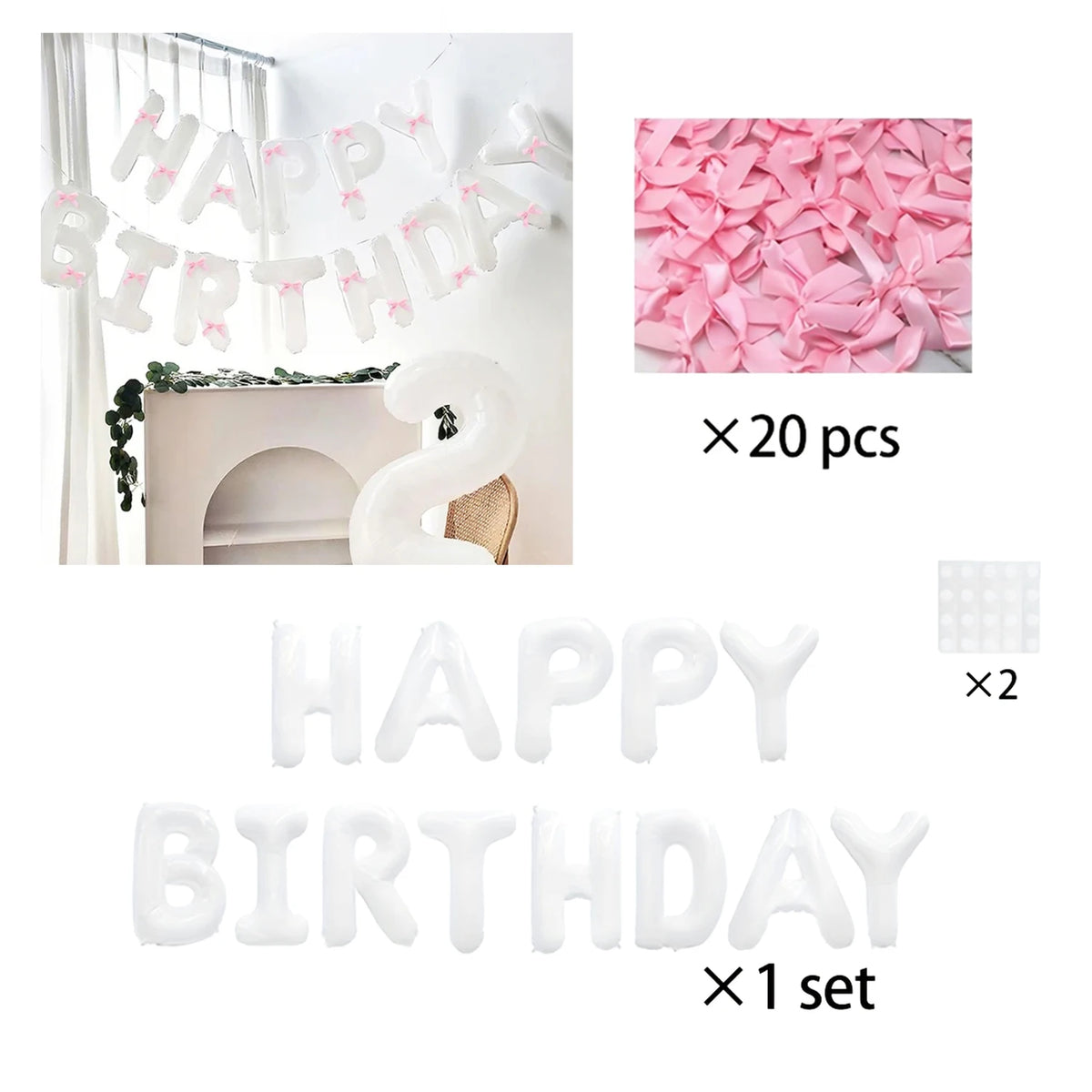 White balloon letters spelling HAPPY BIRTHDAY and pink tissue paper decorations for a birthday theme