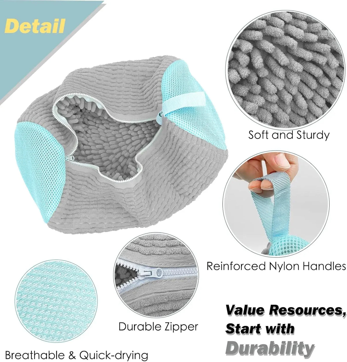 A gray and light blue reusable shoe washing bag with a durable zipper and reinforced nylon handles.