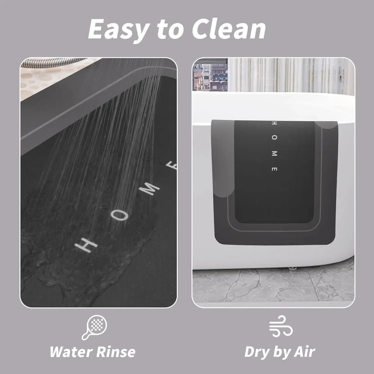 Demonstration of easy cleaning for diatomium mud floor mats showing water rinse and air drying methods.