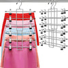 A set of adjustable metal pants hangers with swivel clips for closet organization, displaying various colored pants.