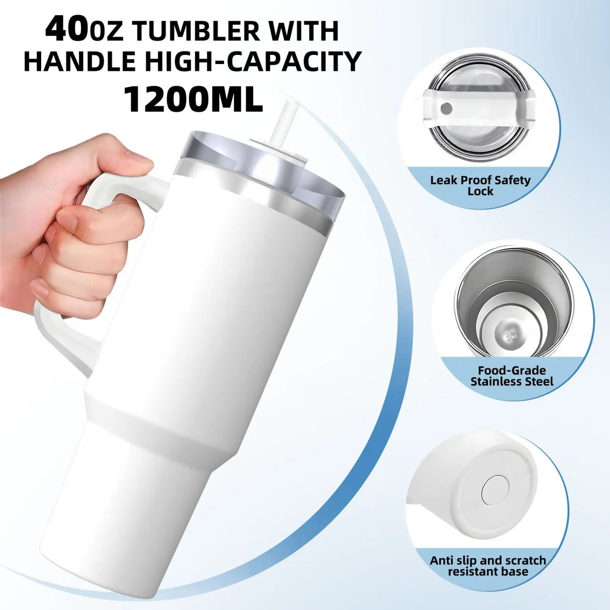 A white 40oz tumbler with a handle is shown being held, highlighting its leak-proof safety lock and food-grade stainless stee