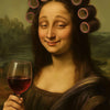 A portrait of a woman with dark hair and roses in her hair holding a glass of red wine.