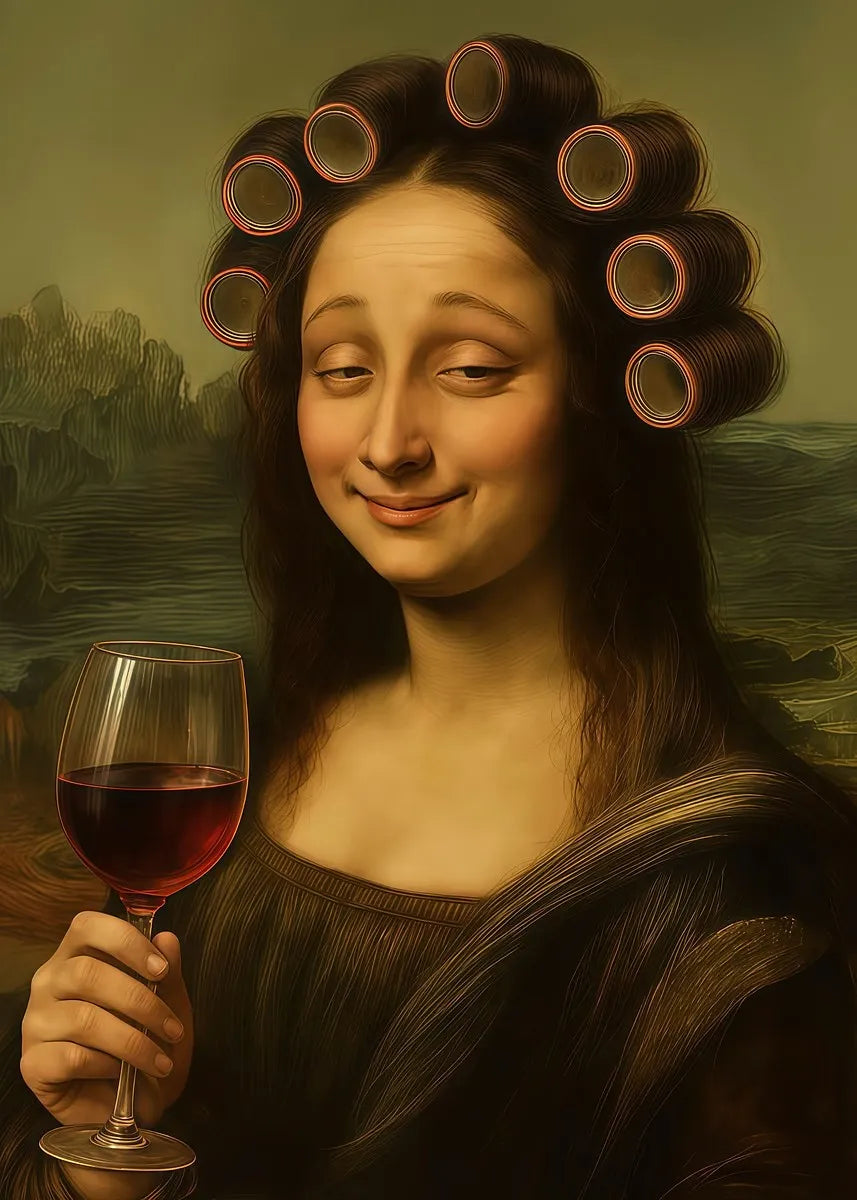 A portrait of a woman with dark hair and roses in her hair holding a glass of red wine.