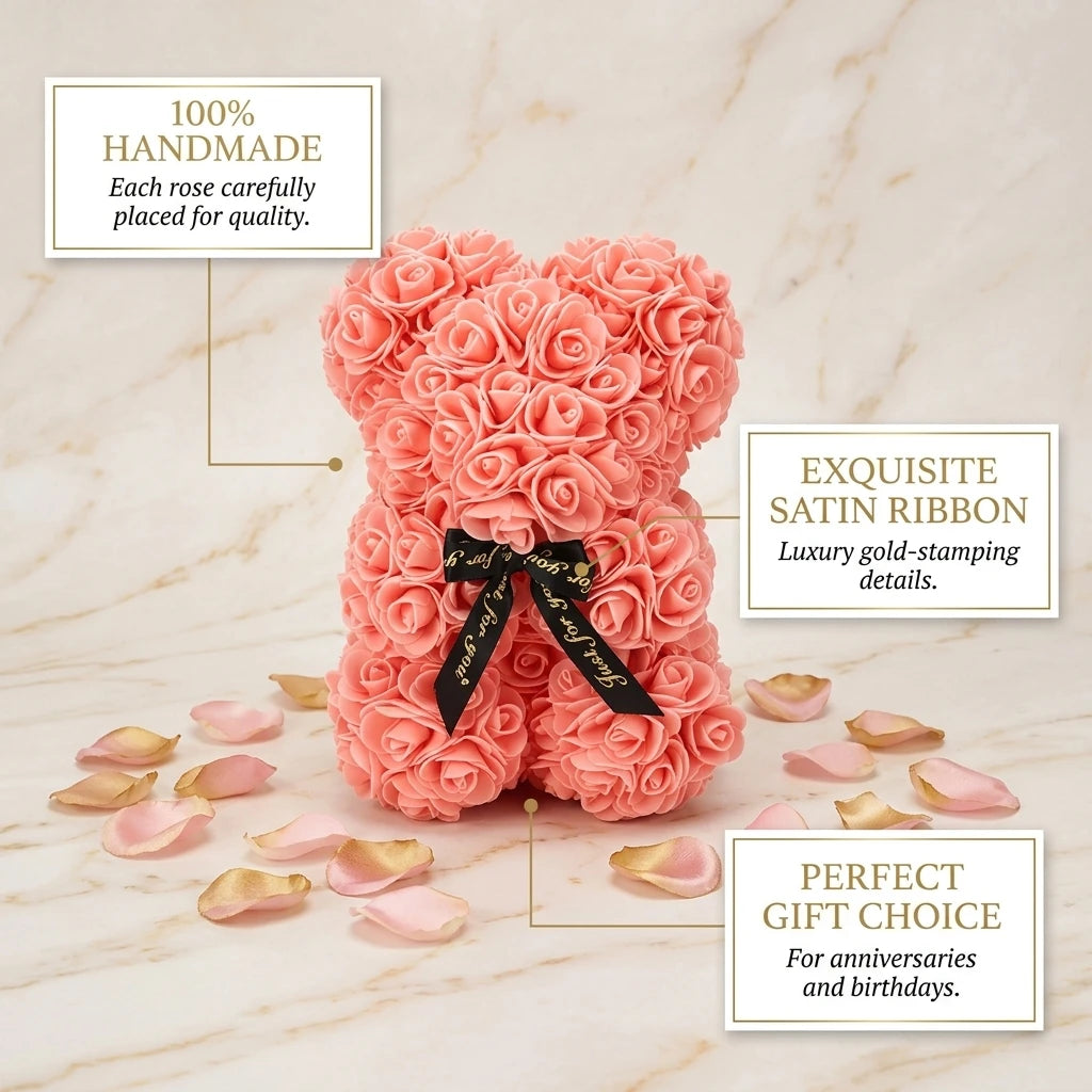 A handmade pink rose teddy bear with black ribbon placed on a marble surface for gift giving.