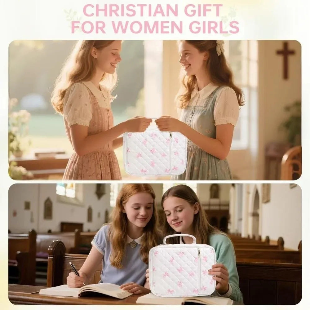 Two young women smiling while holding a white floral quilted Bible cover bag.