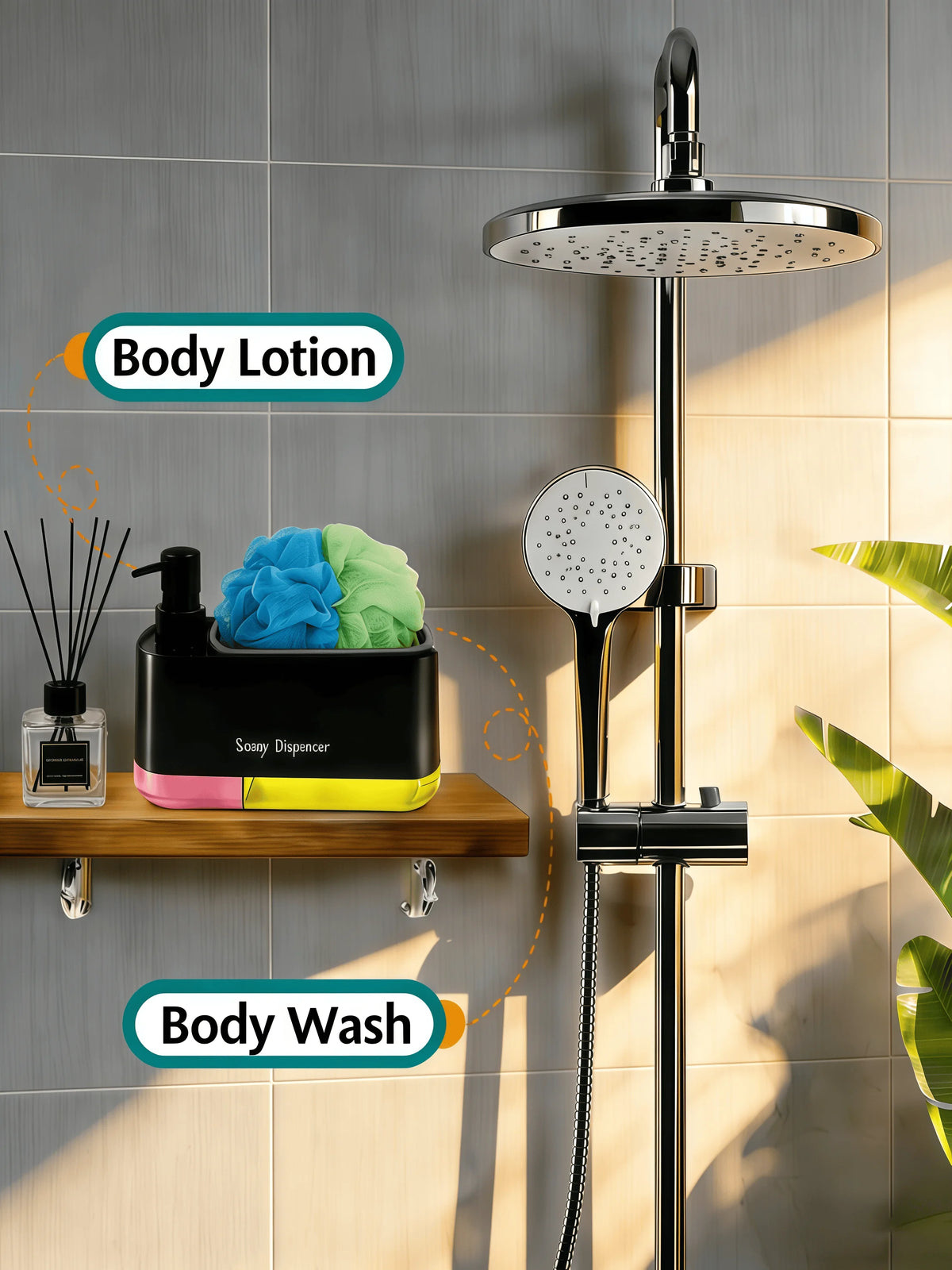Un ensemble distributeur de savon noir avec une bouteille de lotion corporelle et une bouteille de gel douche, exposé sur une