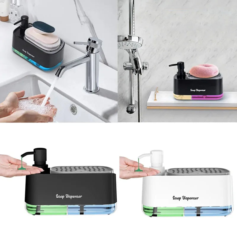 A set of three soap dispensers for hand and dish soap, shown in black, pink, and white, with a chrome faucet.