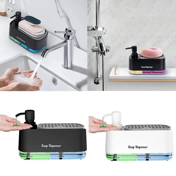 A set of three soap dispensers for hand and dish soap, shown in black, pink, and white, with a chrome faucet.