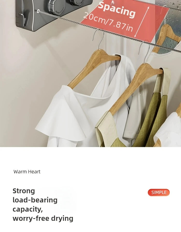 Stainless steel drying rope with 20cm spacing hanging white clothing on a wooden hanger
