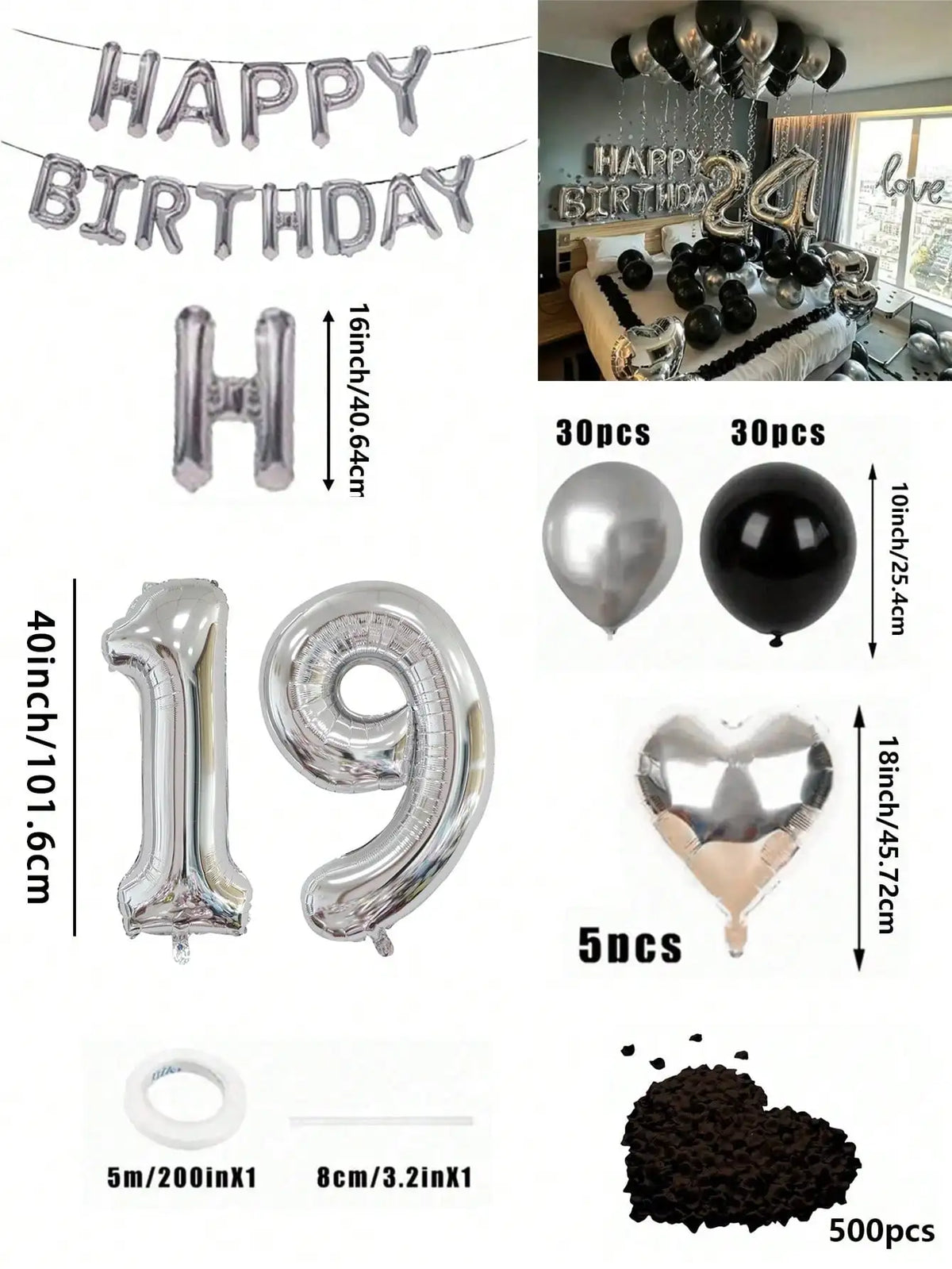 Un juego de globos con números plateados y negros, incluyendo una pancarta de cumpleaños, formas de corazón y chocolate