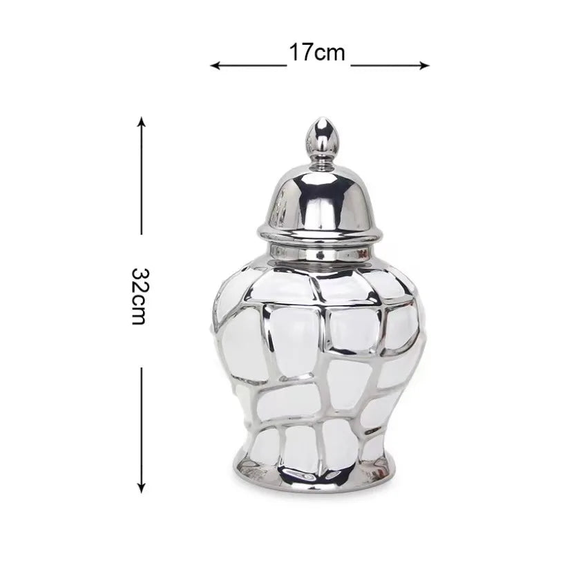 Silver ceramic flower vase with a textured, diamond-patterned body and a lid.