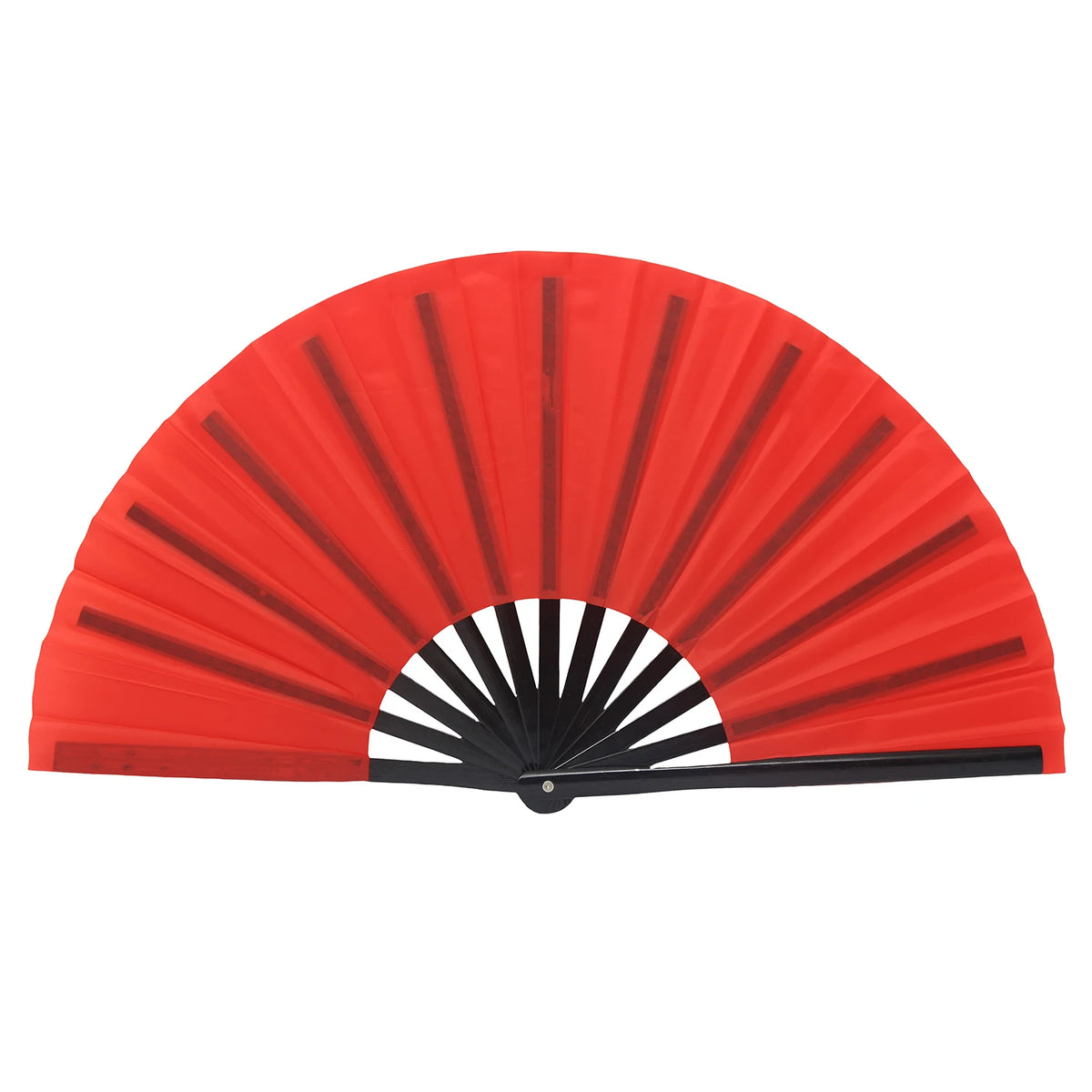 Un éventail de martial arts traditionnel en bambou rouge vif avec des nervures noires.