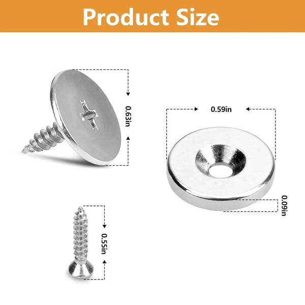 A set of silver cabinet magnetic door catches and closers, showing various sizes and dimensions.